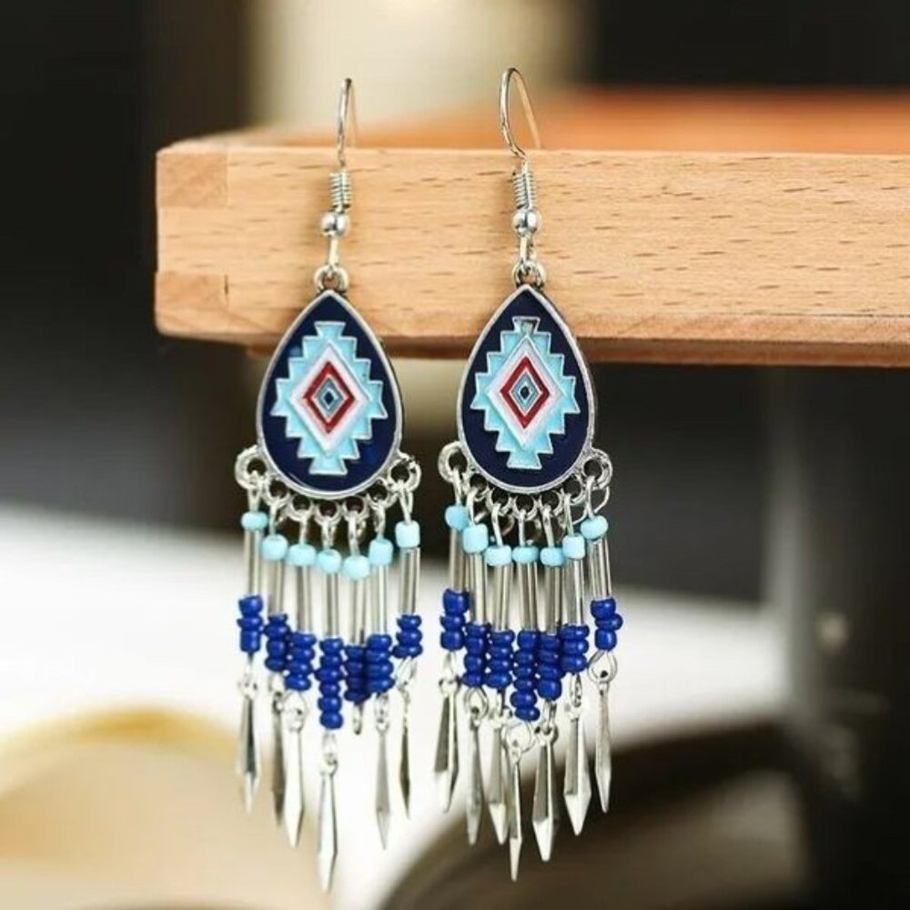 Blue Boho Tribal Beaded Dangle Earrings Gypsy Ethnic Festival Jewelry Gift